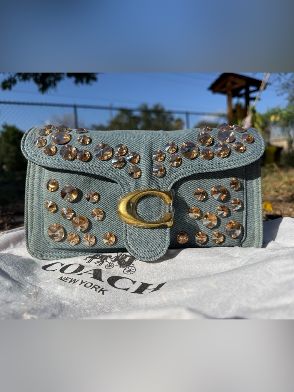 Coach Denim Wristlet with Gold-Tone Crystal Studs